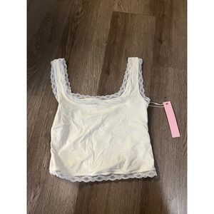 QINSEN Women Cream Lace Trim Square Neck Tank Top Coquette Cami Small NEW